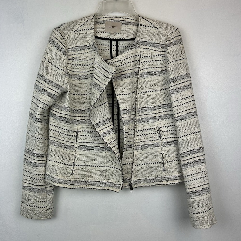 Ann Taylor Loft Blazer Size 6 Ivory Black Textured Zip Office Career Read